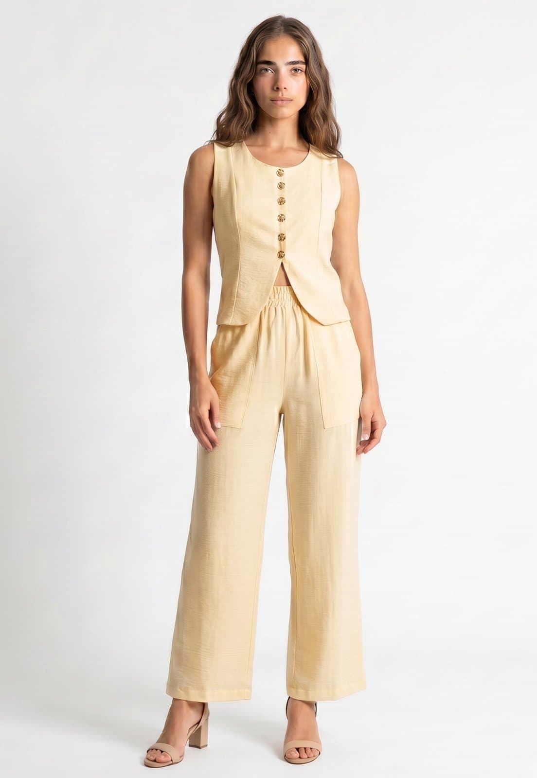 Conjunto Bisô Blusa Botões e Calça Pantalona Creme - Creme