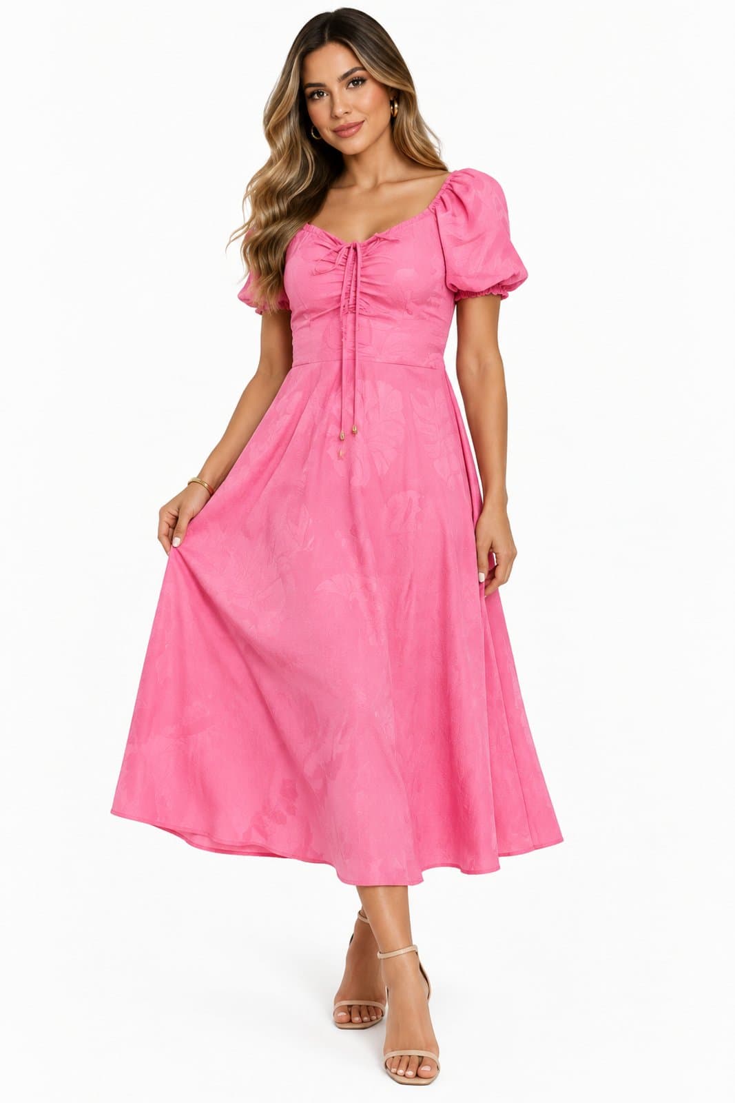 Vestido Midi D Bell Outlet Fashion Manga Bufante Rosa Chiclete