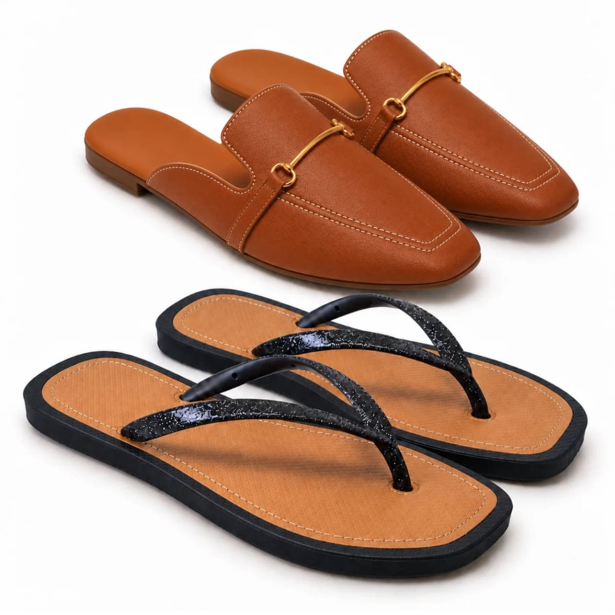 Kit Sandalia Mule Feminino Casual Confortável+Chinelo De Dedo Macio Ideal Para o Dia a Dia