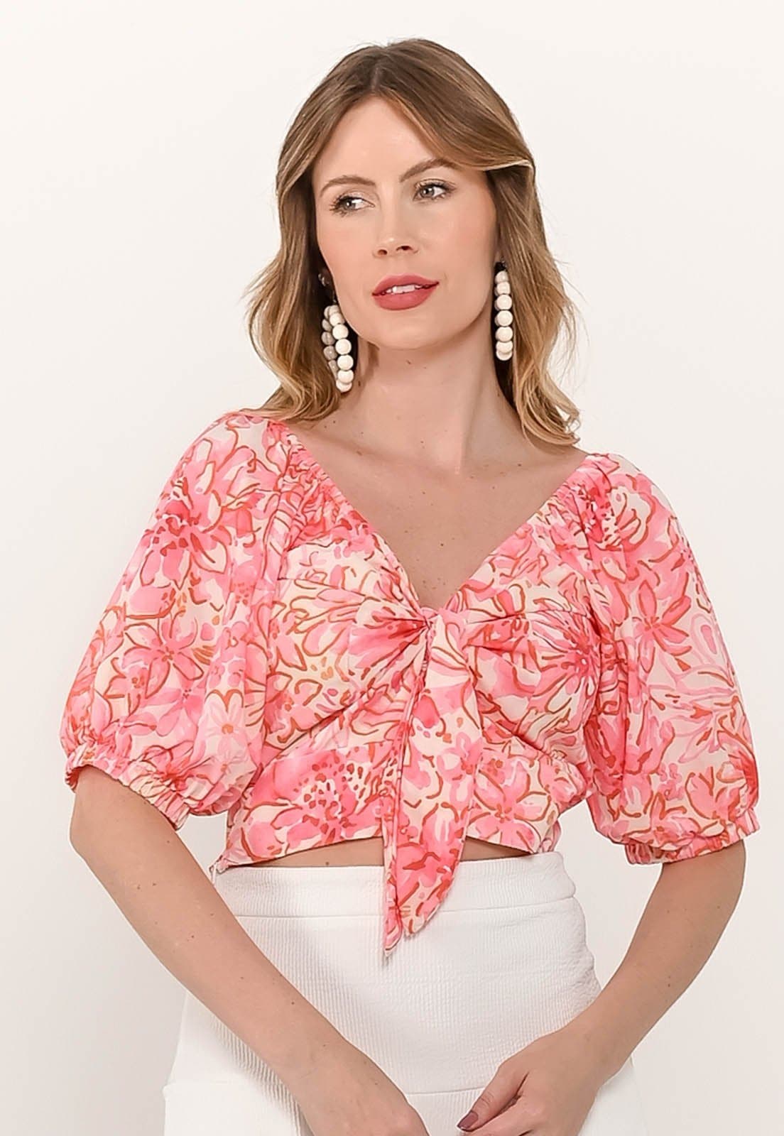 Blusa Bisô Amarração Floral Rosa - Rosa