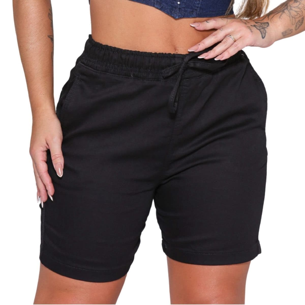 Shorts Feminino Preto Sarja Com Elastico Alleppo Jeans