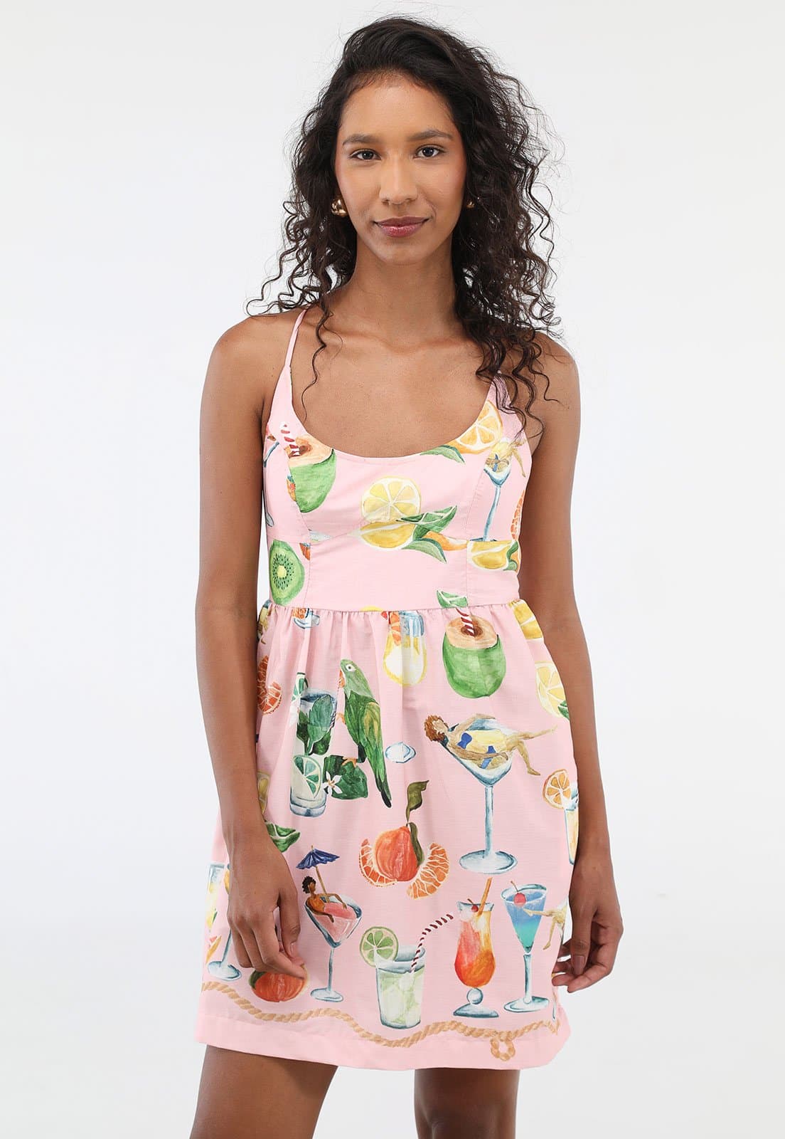 Vestido Feminino FARM Estampado Drinks e Fruit Rosa Claro