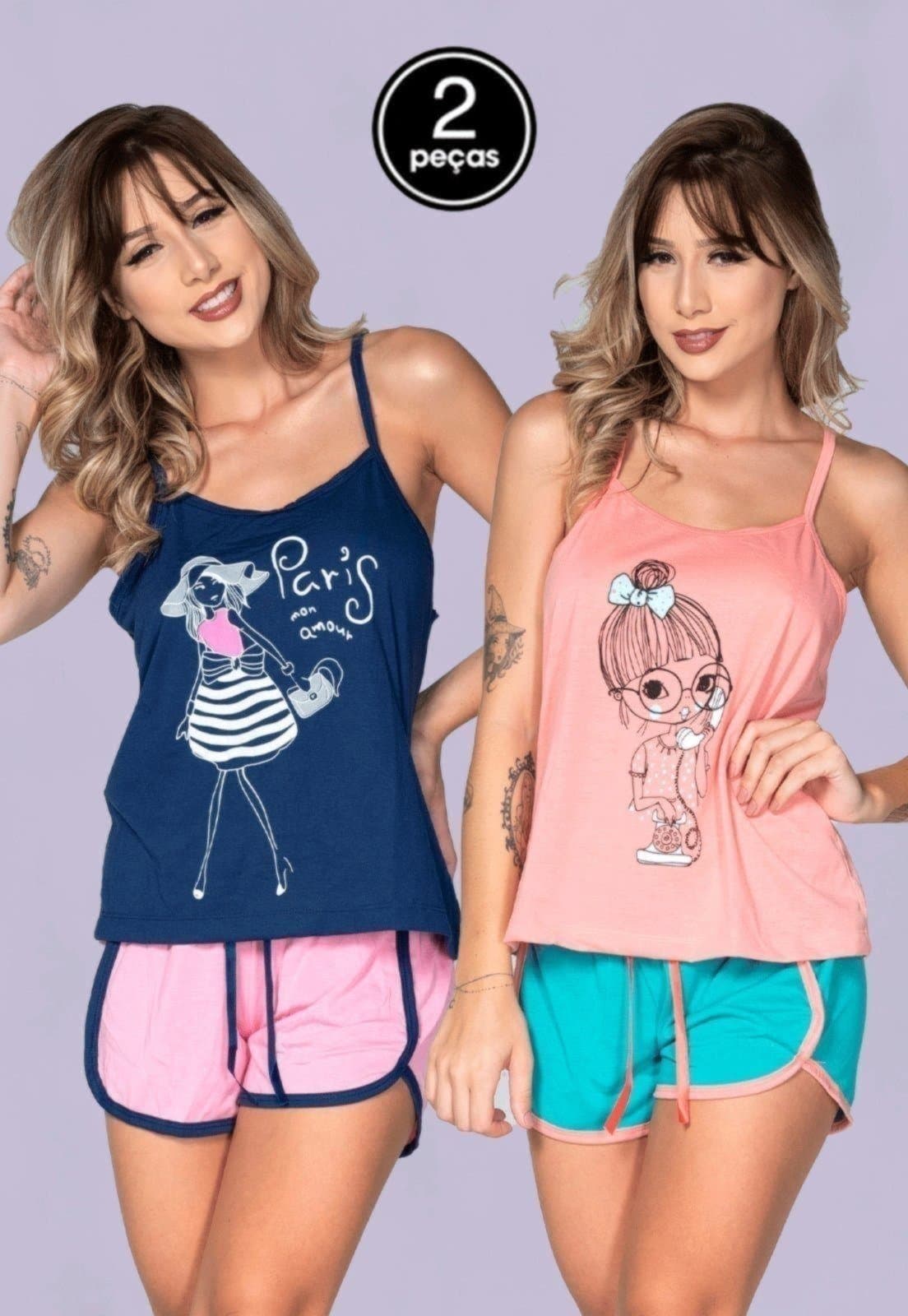 Kit 2 Baby Doll Bella Fiore Modas Pijama Gabriela Regata Multicolorido