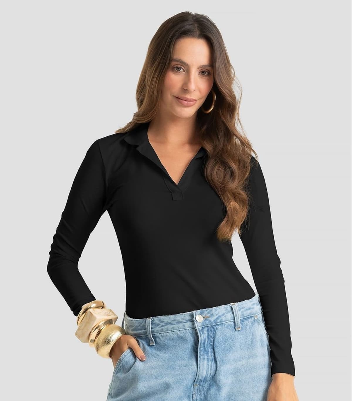 Polo Manga Longa Feminina Cotton Leve Dianna Preto