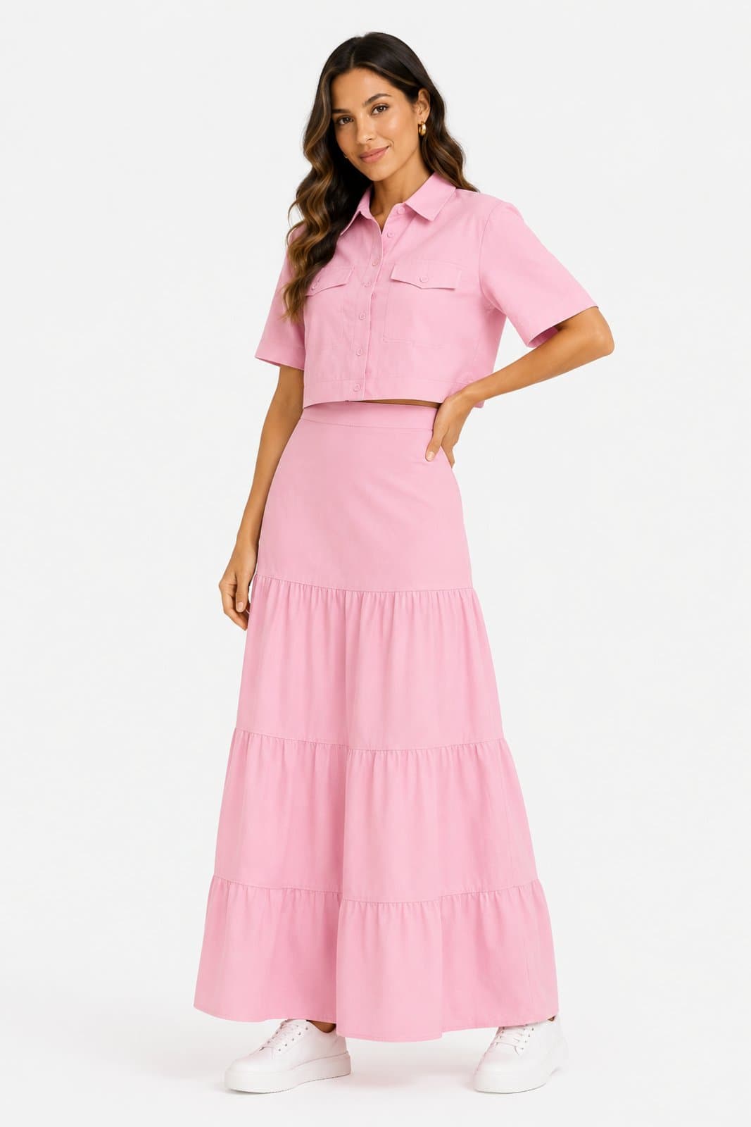 Conjunto D Bell Outlet Fashion Camisa Cropped Saia Longa Três Marias Rosa