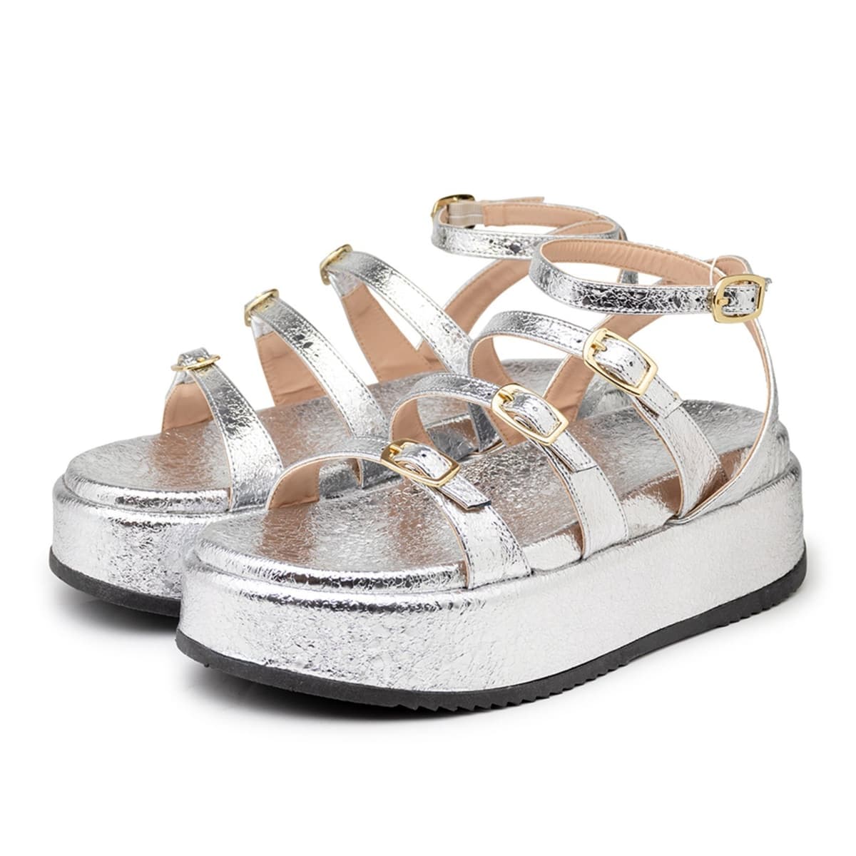 Sandália Papete Flatform Napa Essense Prata Tiras Fivelas 5302