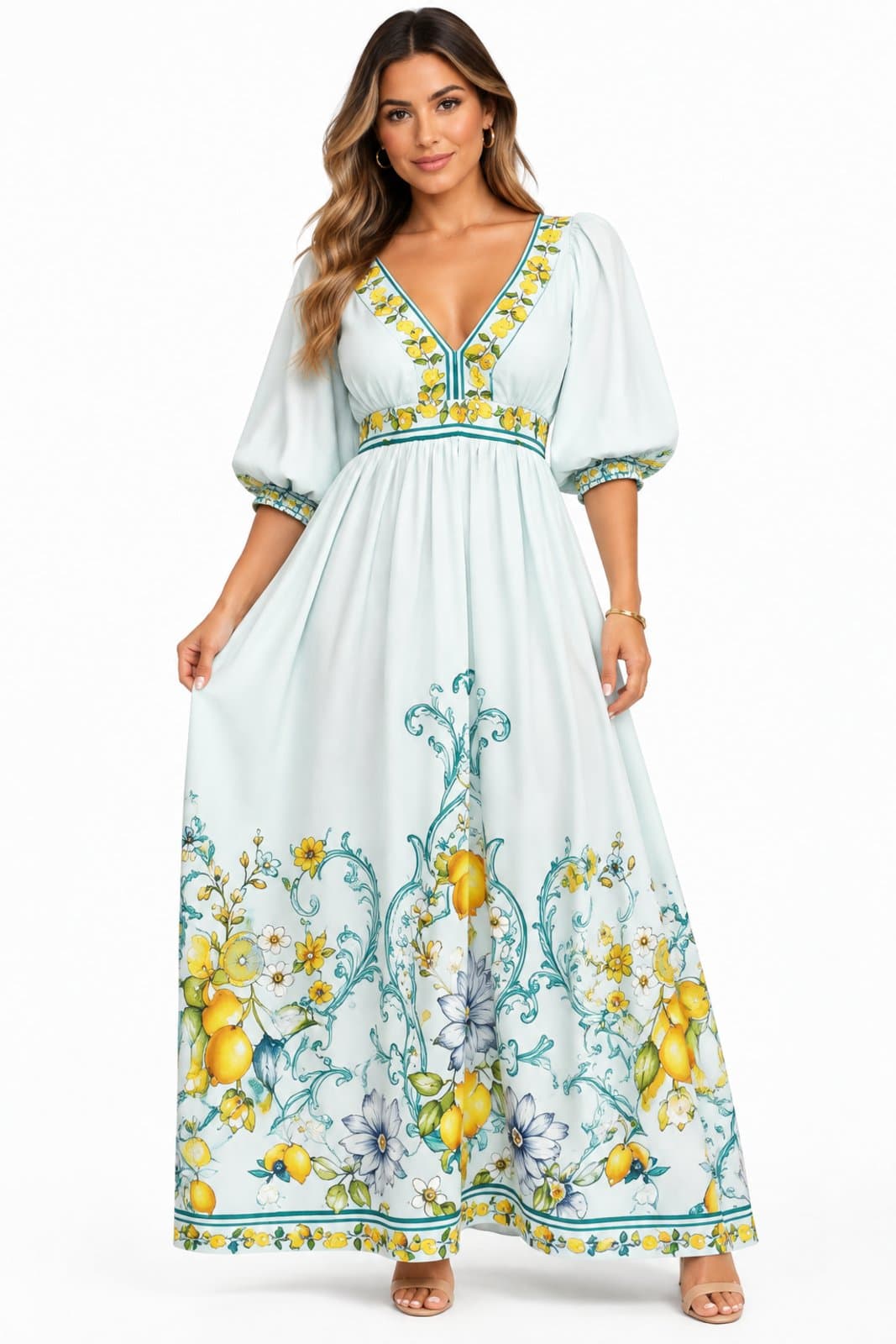 Vestido Longo D Bell Outlet Fashion Decote V Estampa Floral Azul