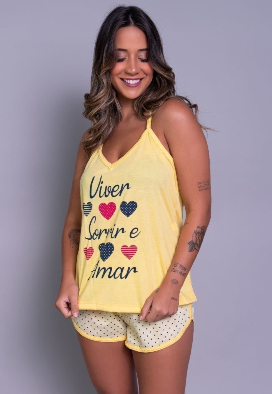 Pijama Feminino Bella Fiore Modas Short Doll Estampado Mostarda